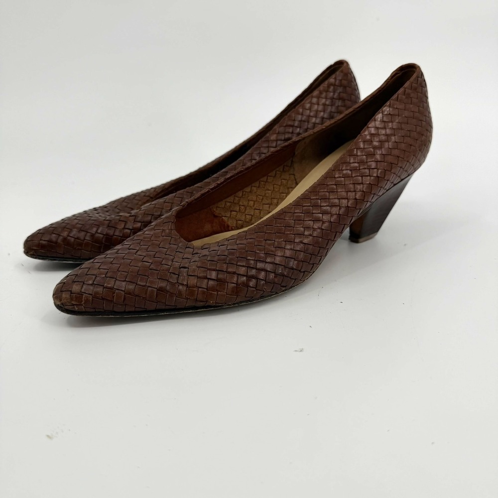 Bandolino Woven Leather Pumps 90s Vintage Women 11M Brown Pointed Toe Cone Heel